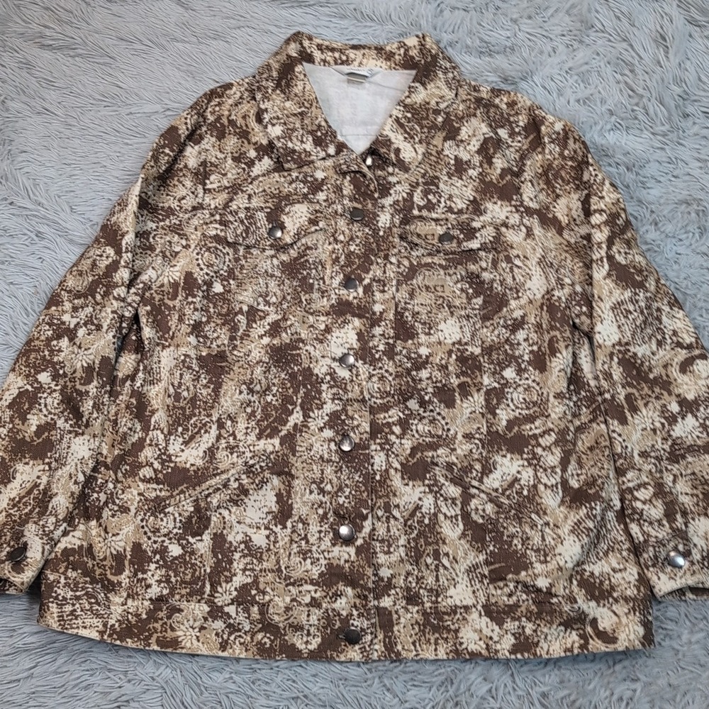CJ Banks Jacket Womens Plus 1X Brown Paisley Pockets Comfort‎ Button Up